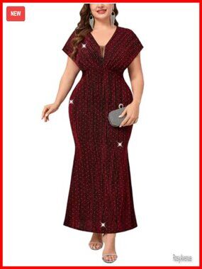 Plus Size Sparkly Formal Dress V Neck Wrap Mermaid Maxi Evening Gown